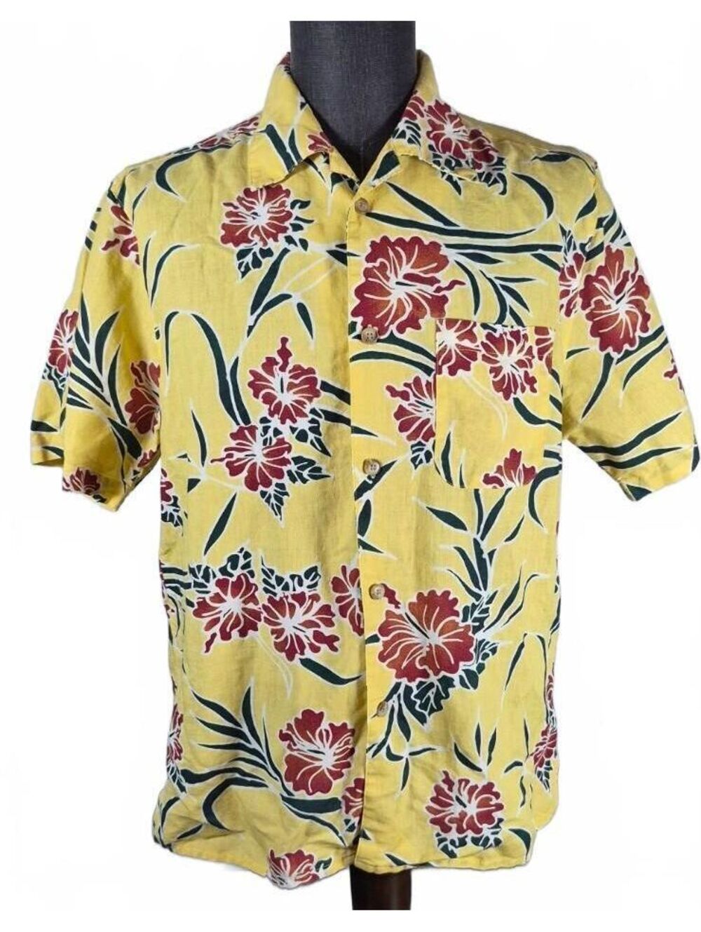Natural Issue Yellow Hibiscus Hawaiian Ramie Cotton Shirt M